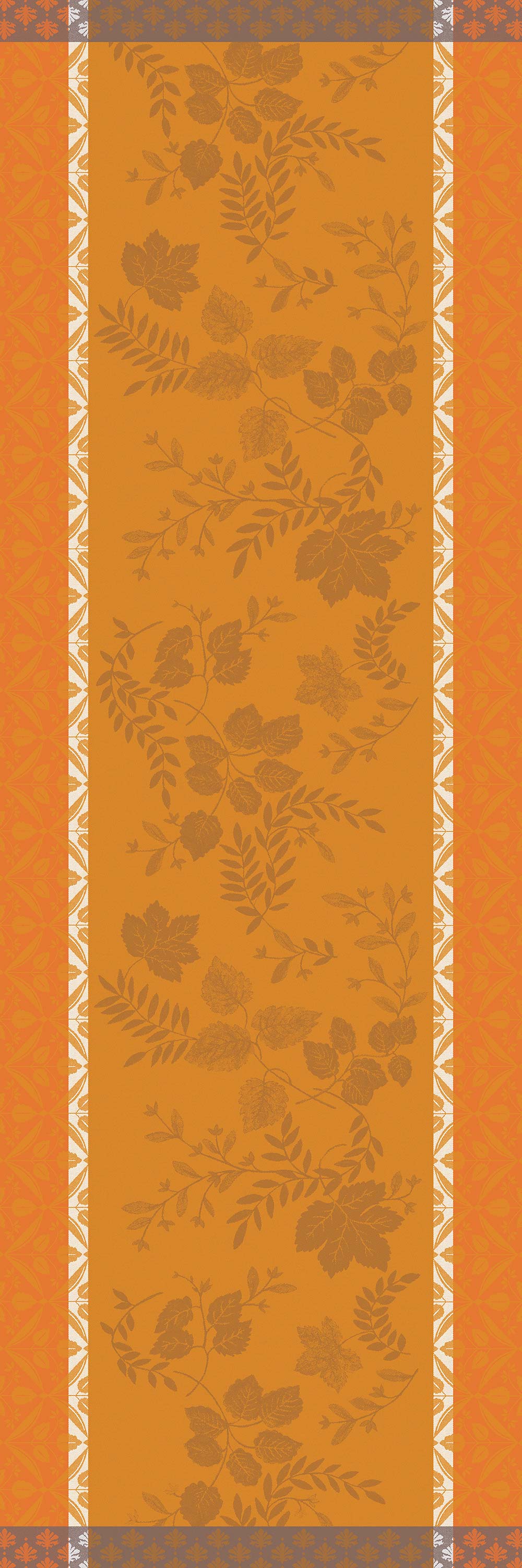A rectangular table runner with an orange and mustard floral pattern, bordered by white floral motifs and gray decorative bands at the top and bottom.