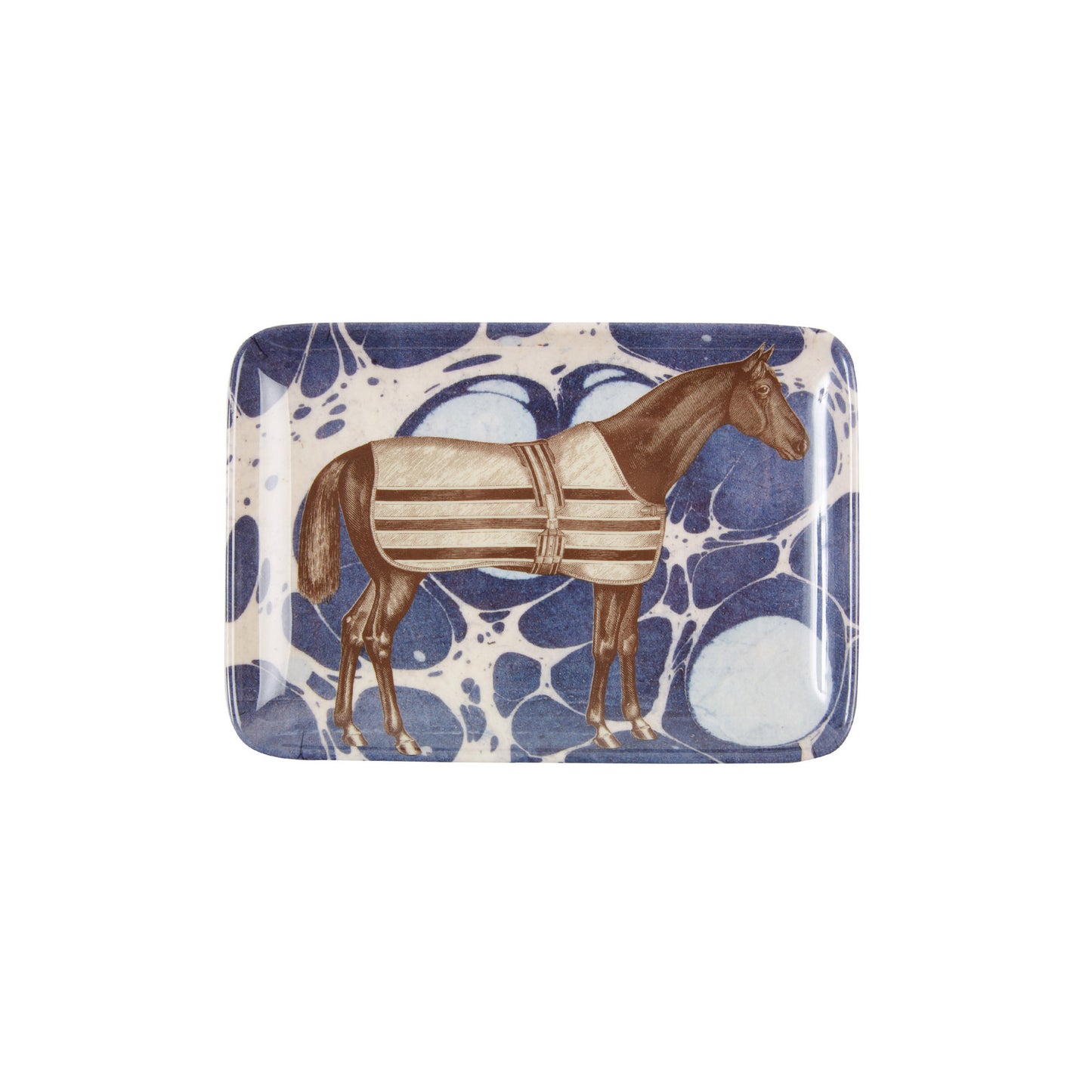 A top-down view of a rectangular melamine valet tray centered on a solid white background, featuring a detailed illustration of a noble brown horse wearing a cream-and-tan stable blanket against a vibrant, swirling blue-and-white marble-patterned backdrop.