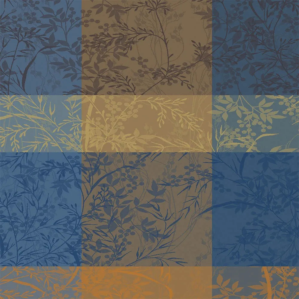 Full view of the Mille Branchages Crepuscule cotton jacquard napkin featuring a blue and yellow leafy gingham design