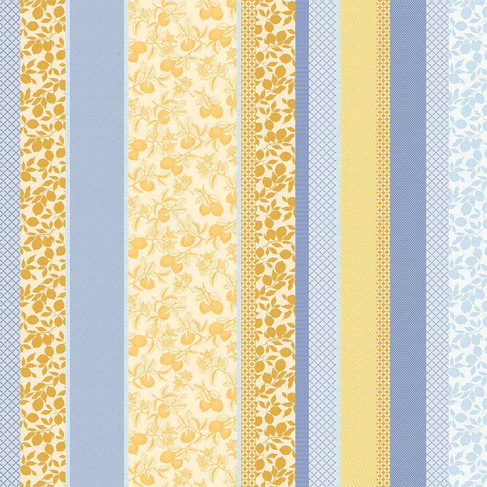 Full view of the Mille Citrons Provence Jacquard Tablecloth in stripes of blue and yellow cotton featuring lemon motifs and geometric patterns.