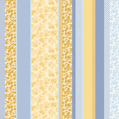 Full view of the Mille Citrons Provence Jacquard Tablecloth in stripes of blue and yellow cotton featuring lemon motifs and geometric patterns.