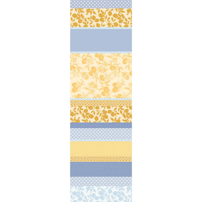 Mille Citrons Provence Jacquard Table Runner in striped blue and yellow cotton featuring geometric patterns  and lemon motifs. 