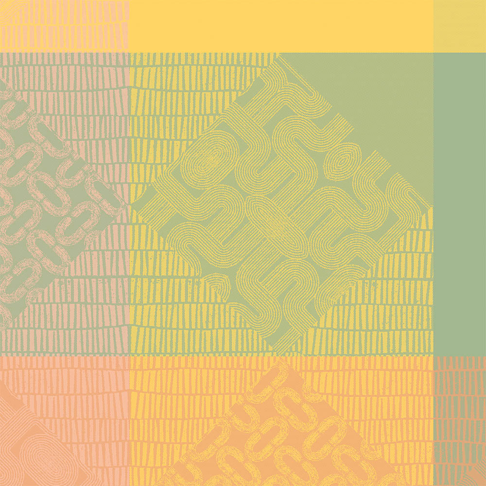 Mille Empreintes Pastel Jacquard Napkin in pink, green, and yellow cotton with geometric and plaid motifs.