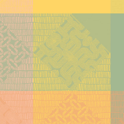 Mille Empreintes Pastel Jacquard Napkin in pink, green, and yellow cotton with geometric and plaid motifs.