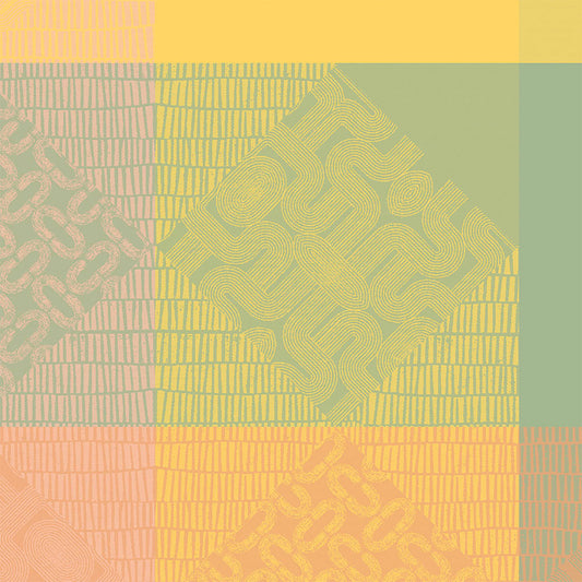 Mille Empreintes Pastel Jacquard Napkin in pink, green, and yellow cotton with geometric and plaid motifs.