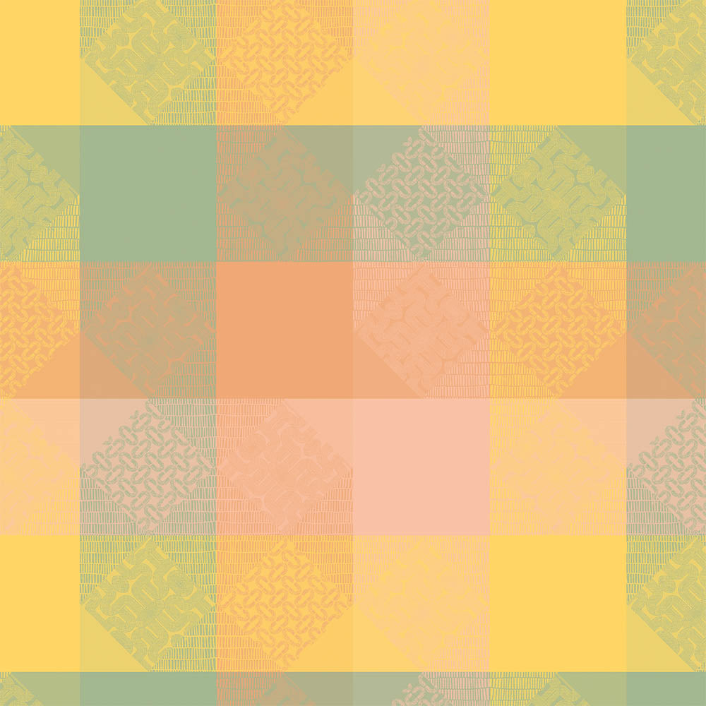 Full view of the Mille Empreintes Pastel Jacquard Tablecloth in pastel cotton featuring geometric and plaid-inspired motifs