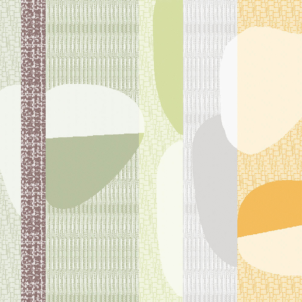 Full view of  the Mille Galets Terre Cuite Napkin, yellow, brown, and green circular pebble motif on cotton jacquard.