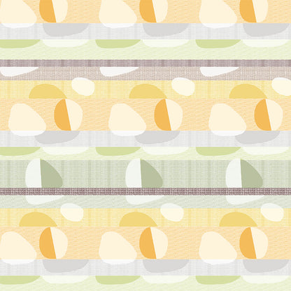 Full view of Mille Galets Terre Cuite Coated Tablecloth, cotton jacquard with yellow, brown, and green circular pebble motif.