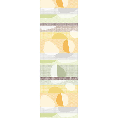 Mille Galets Terre Cuite Table Runner, cotton jacquard with yellow, brown, and green circular pebble motif.