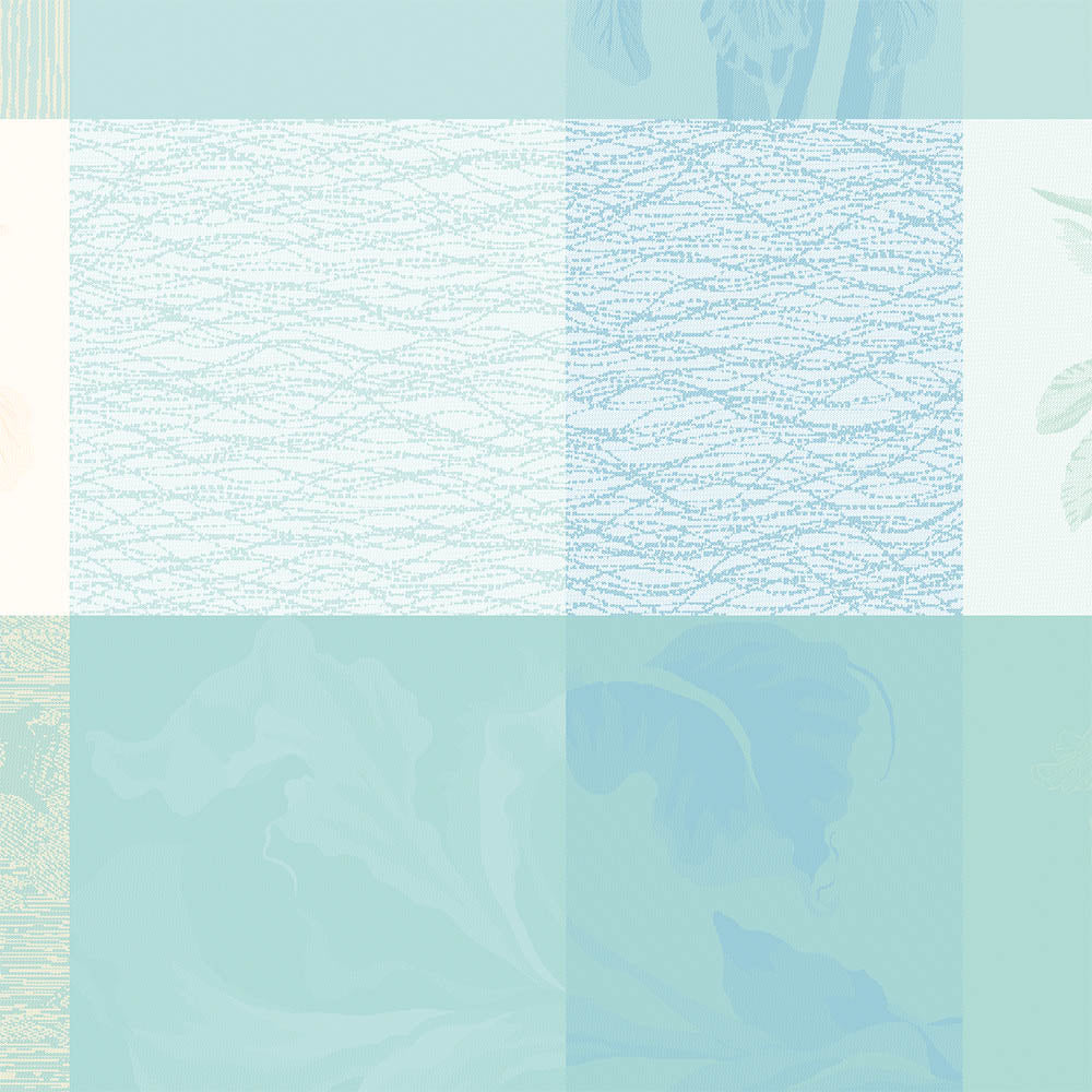 Full view of the Mille Iris D'Eau Aqua Napkin, blue and white iris floral madras plaid on cotton jacquard.