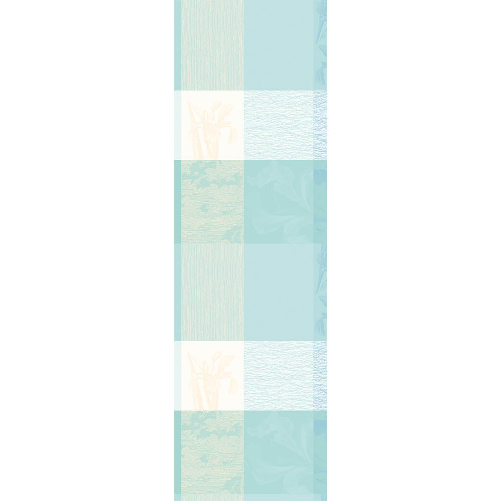 Full view of the Mille Iris D'Eau Aqua Table Runner, blue and cream iris floral madras plaid on cotton jacquard.