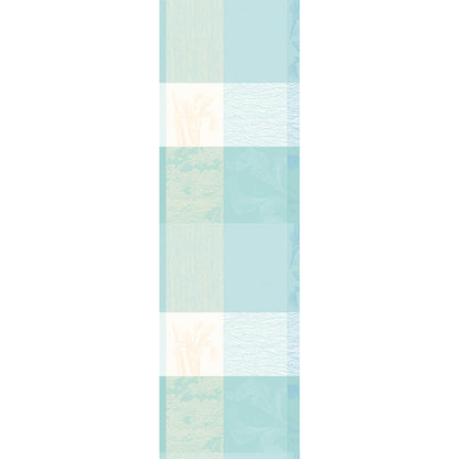 Full view of the Mille Iris D'Eau Aqua Table Runner, blue and cream iris floral madras plaid on cotton jacquard.