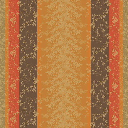 Autumn-themed, Patterned tablecloth with vertical stripes in brown, orange, and red colors.
