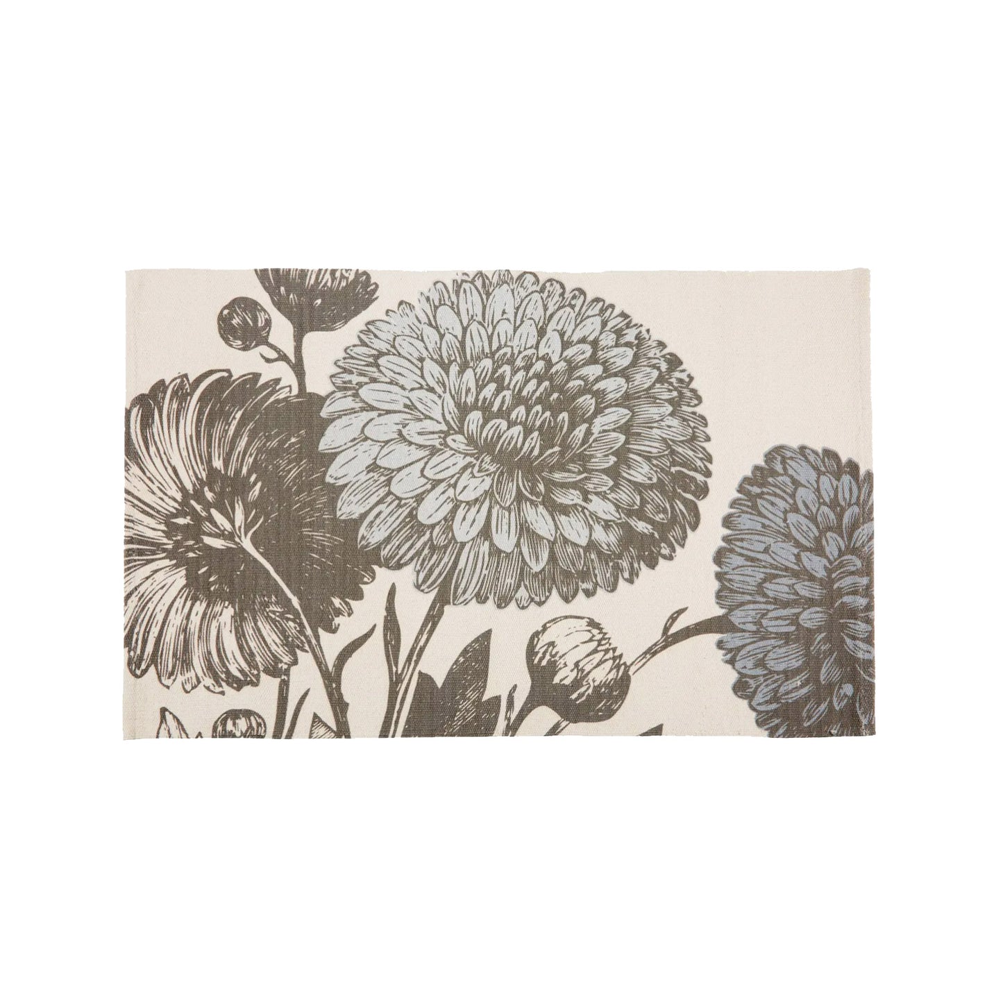 A top-down view of a rectangular cream cotton bath rug featuring a large-scale, detailed vintage botanical illustration of blossoming chrysanthemum flowers and buds in soft charcoal gray tones.