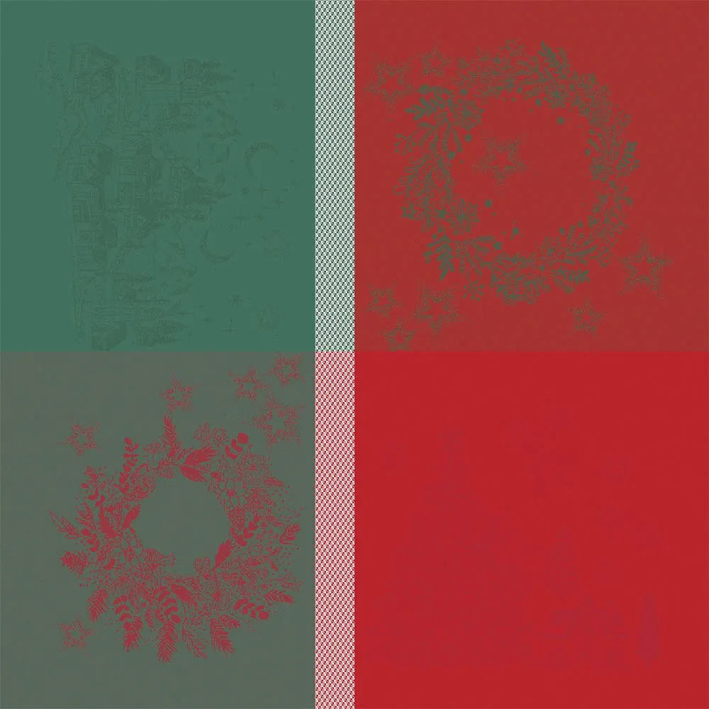 A flat lay of the Noel Magique Houx cotton jacquard napkin featuring a four-quadrant holiday design. The left half has a deep green background with a subtle woven wreath design on top and a red wreath design below. The right half features a vibrant red background with a gray wreath above, separated vertically by a woven white-and-red textured stripe.