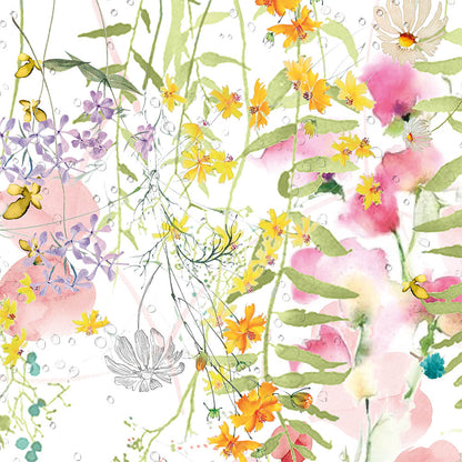 Rosee Du Matin Printemps Napkin, pink, yellow, and green watercolor floral print on cotton-linen blend.