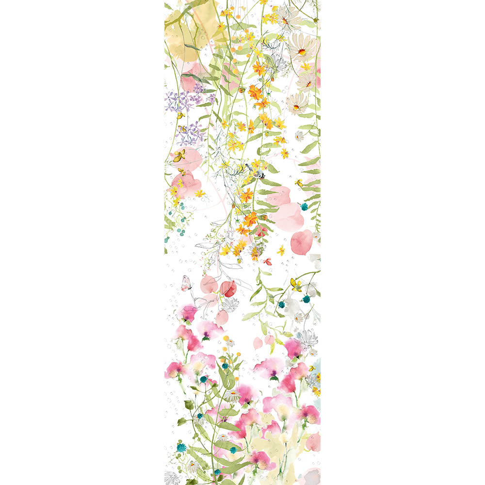 Full view of the Rosee Du Matin Printemps Table Runner, pink, yellow, and green watercolor floral print on cotton-linen blend.