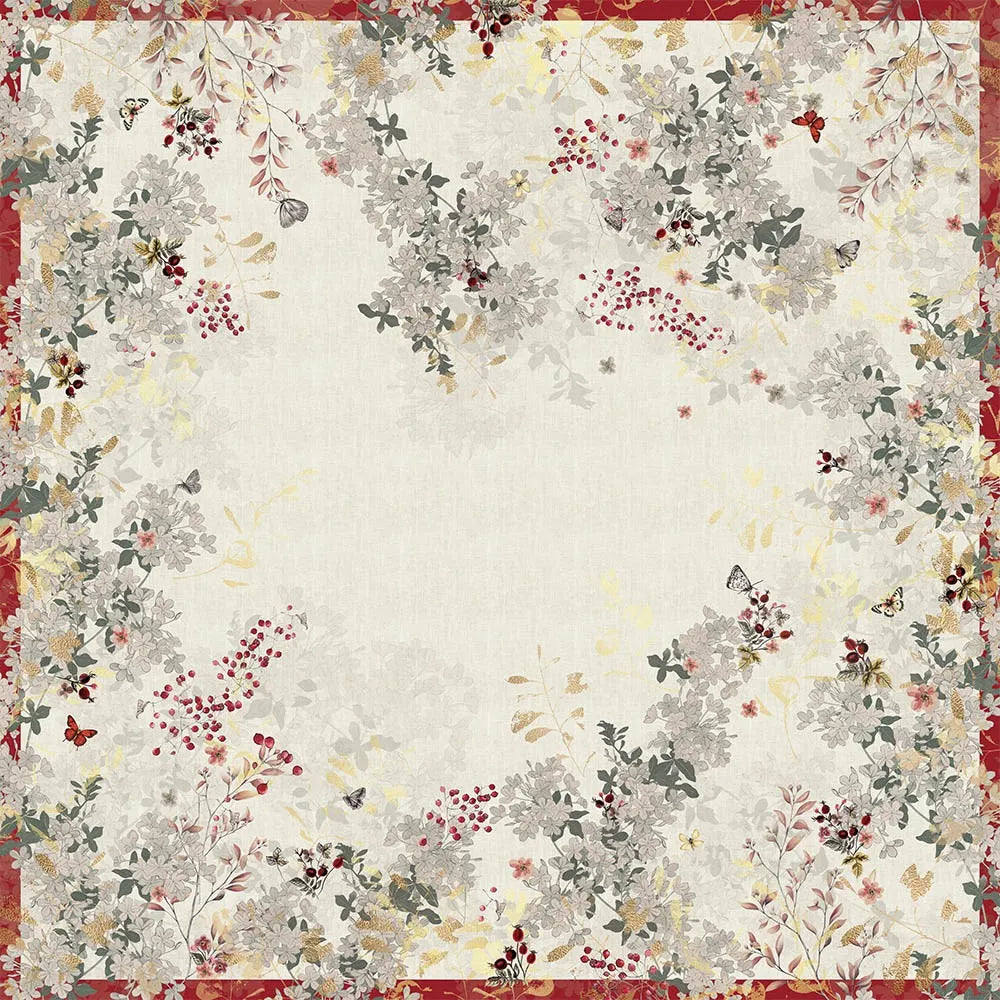 A cream cotton-linen tablecloth featuring a detailed vintage floral print with red berries and muted green foliage and butterflies.