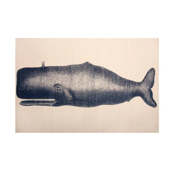 Vintage-style illustration of a gray whale on a beige cotton rug