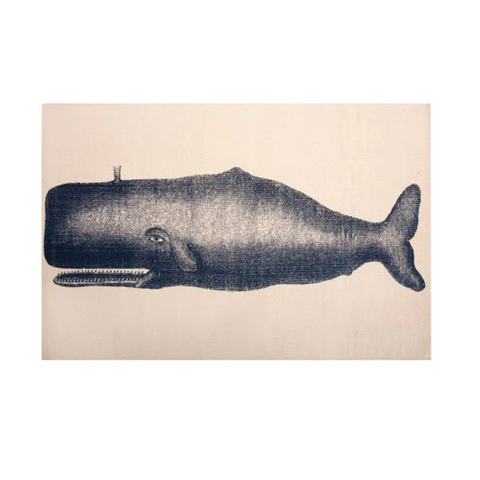 Vintage-style illustration of a gray whale on a beige cotton rug