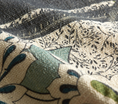 Close-up of a cotton rug, hand-loomed with a floral pattern
