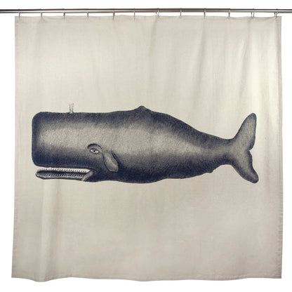 Textured cotton shower curtain featuring a large-scale, hand-sketched vintage illustration of a whale.
