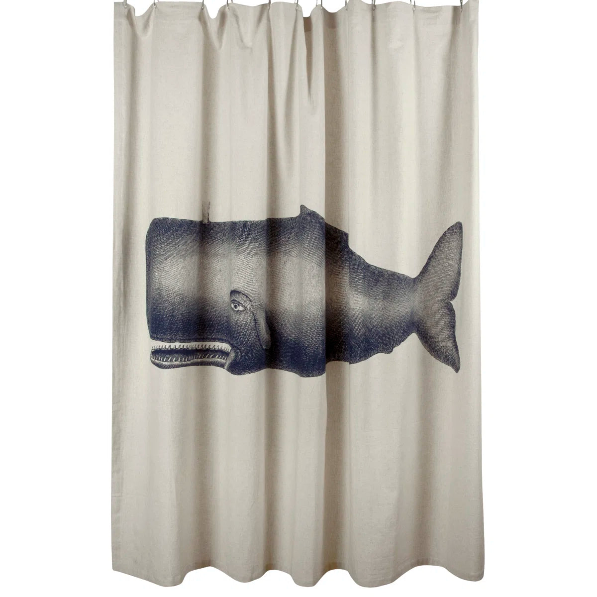 Textured cotton shower curtain featuring a large-scale, hand-sketched vintage illustration of a whale.