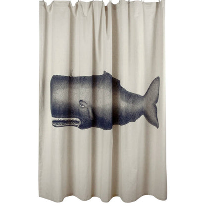 Textured cotton shower curtain featuring a large-scale, hand-sketched vintage illustration of a whale.